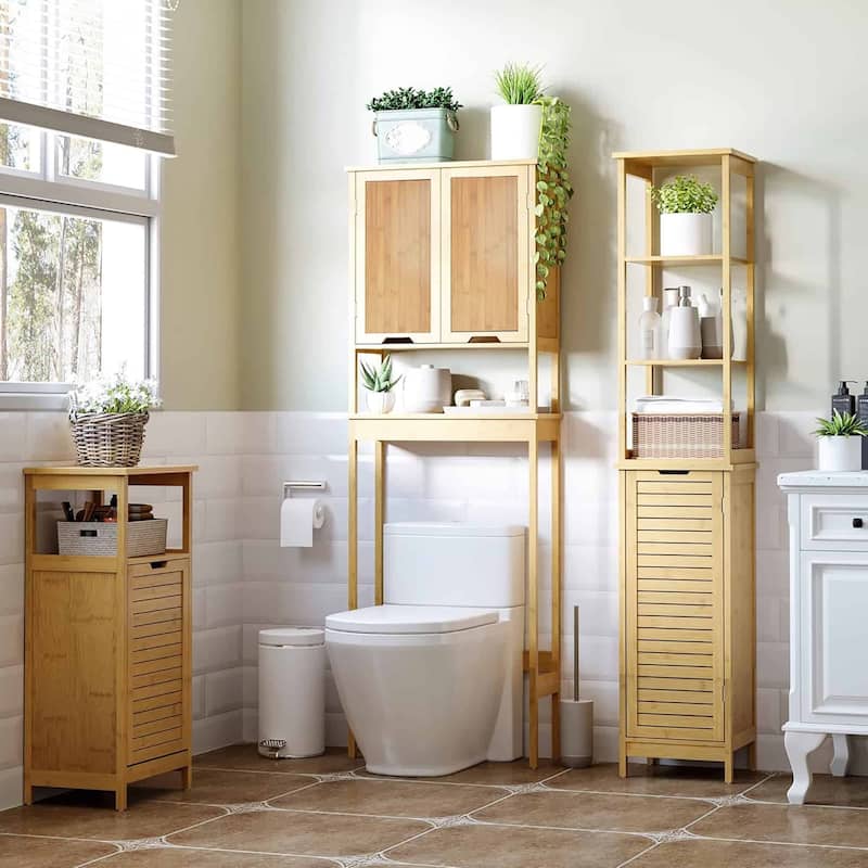 Bamboo Over The Toilet Storage Cabinet with Dual Doors and Open Shelf Mahe Collection - 23.10"L x 8.10"W x 68.4"H