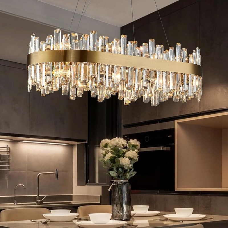 36 in. Luxury Rectangle Crystal Chandelier 16 Light Gold Modern Chandelier Hanging Ceiling Light Fixture for Dining Room