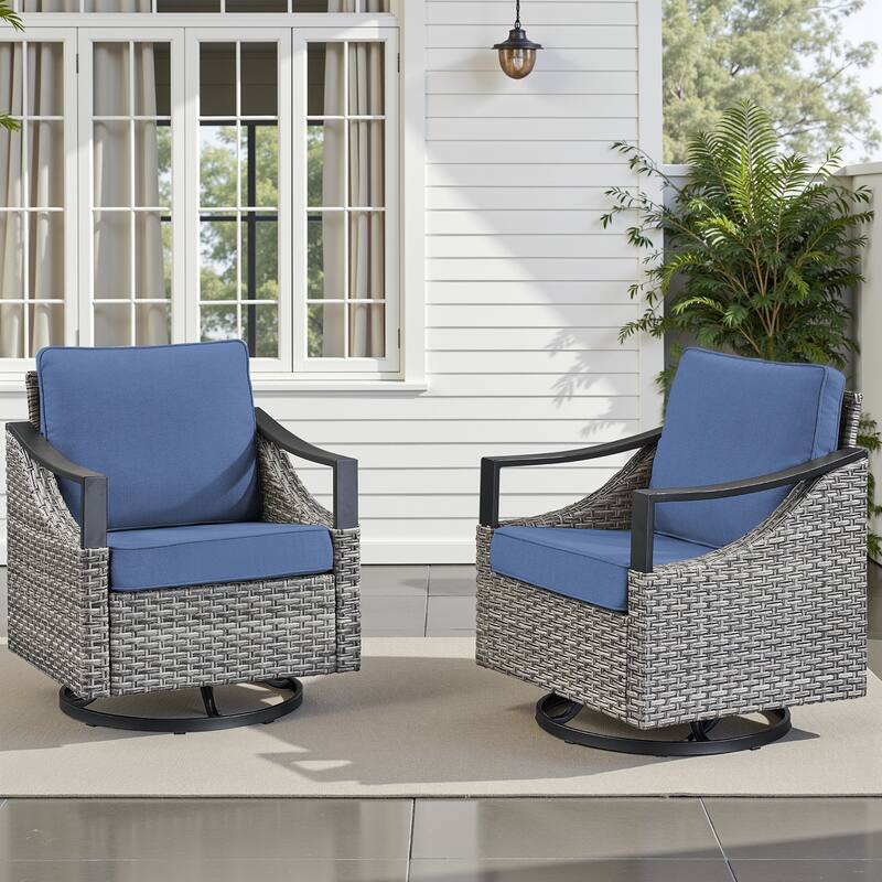 Pocassy Outdoor Patio Swivel Glider Chairs with Cushion - Gray Wicker Blue Cushion - 2-Piece Swivel Chair with Thick Cushions