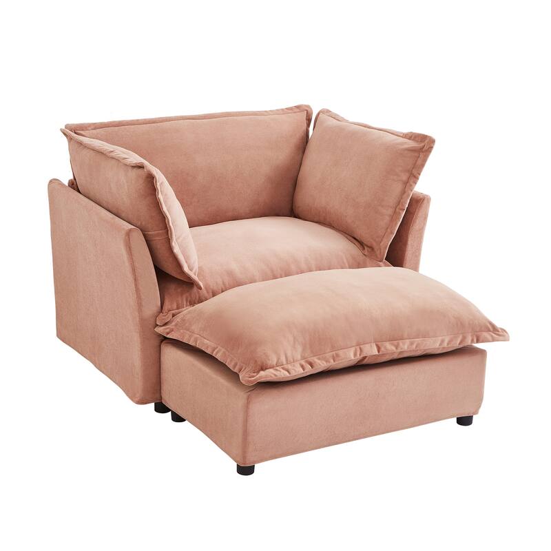 Chenille Modern Armchair Sofa with Movable Ottoman, Wide Seat, Curved Armrests, and Removable Cushions