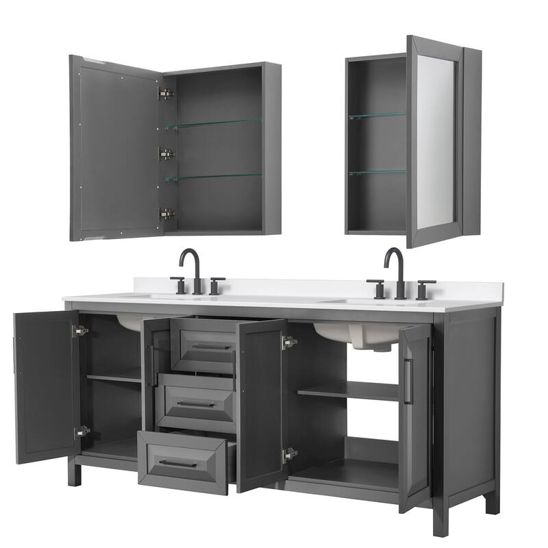 Daria 80-inch Double Vanity, 3 Hole Quartz Top, Med Cabinets