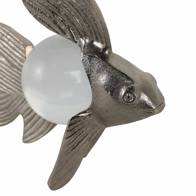 Metal Fish Figurine with Textured Fins and Glass Orb - 9" Silver - 9.5" x 3.5" x 9"