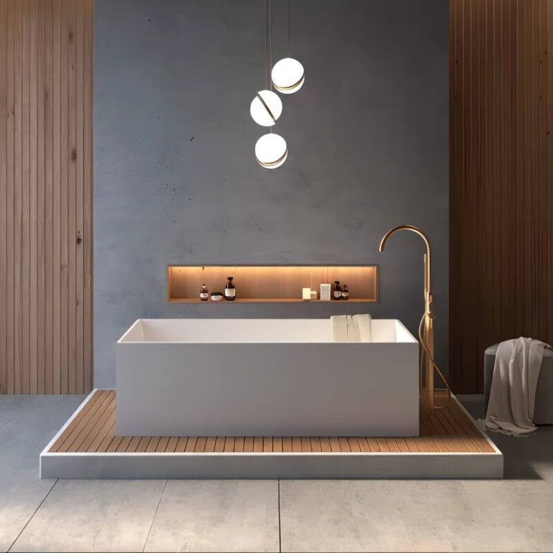 ABRUZZO 67" x 28" Freestanding Solid Surface Soaking Bathtub with Overflow & Pop-Up Drain