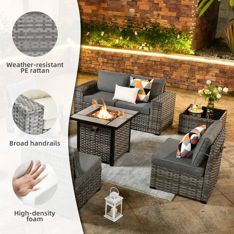OVIOS Patio Wicker Furniture Wide Arm 7-piece Fire Pit Set with Table