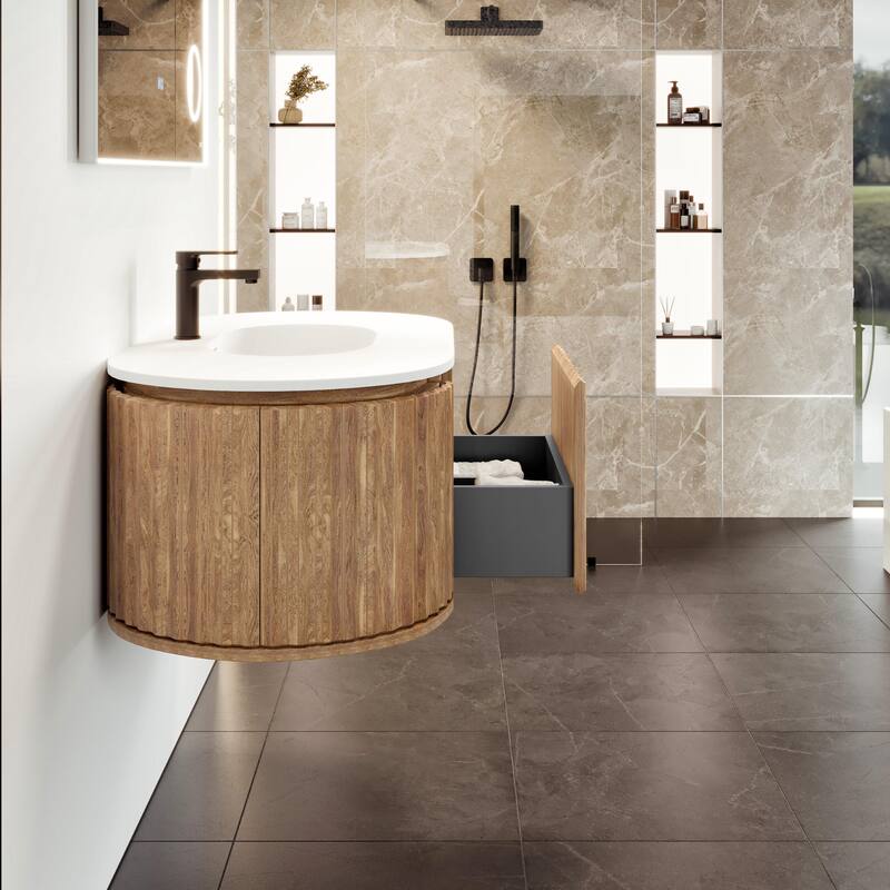 Haven 39"W Medium Oak Wallmount Bath Vanity with Integrated Sink Top
