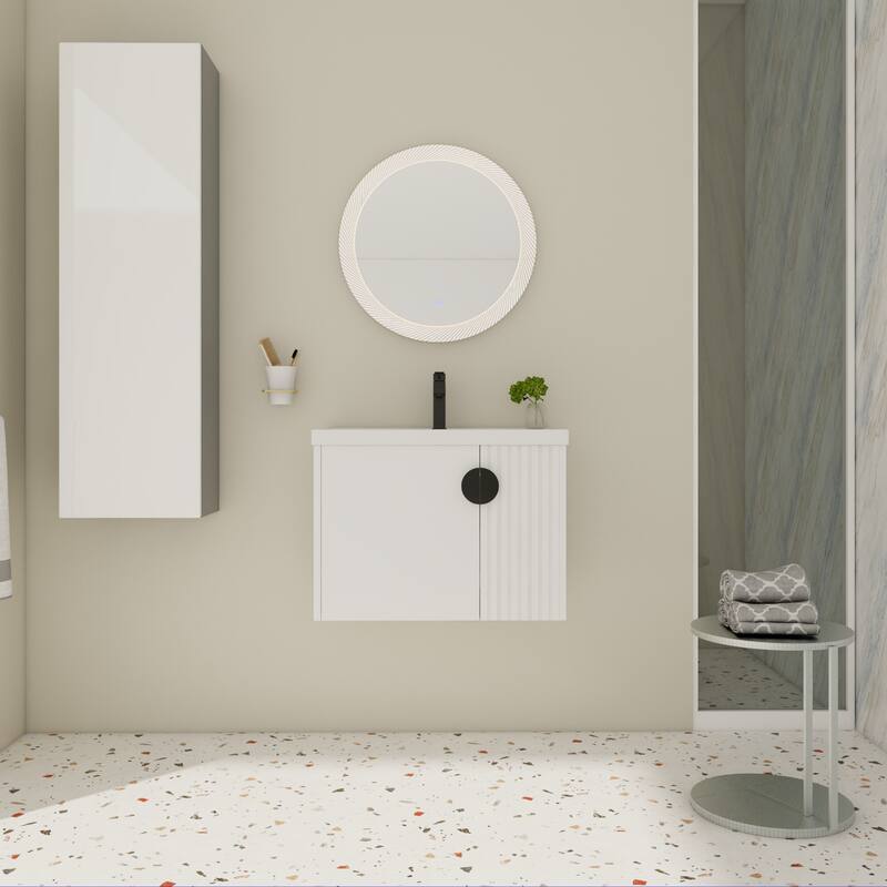 Wall-Mounted Bathroom Vanity with Ceramic Sink, Soft-Close Doors, Unique 3D Wave Design, and Metal Handles - 27.75in L Plywood