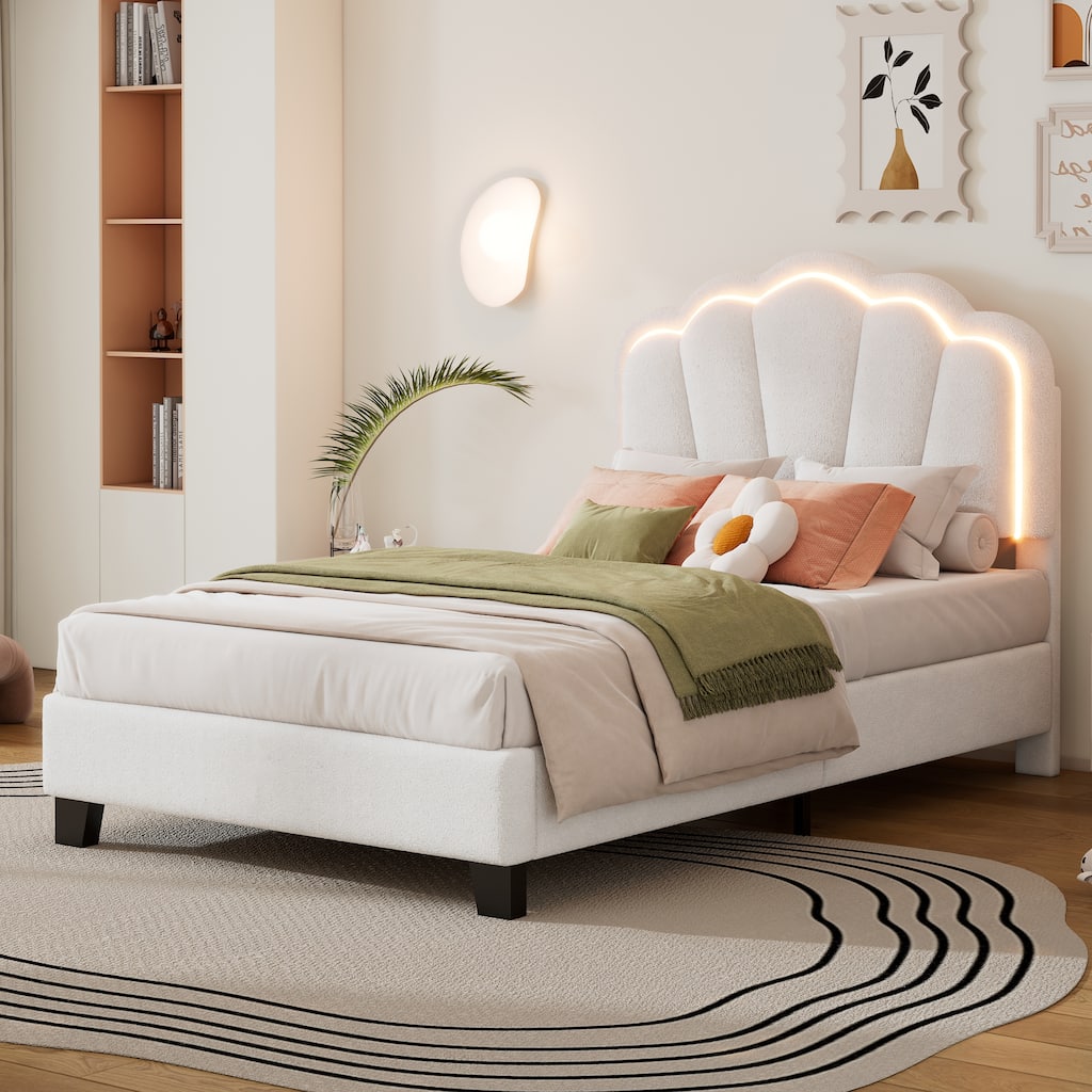Upholstered Bed Platform Bed with Petal-Shaped Headboard Light Strip, Sherpa Fabric, Wood Slat Support No Box Spring Needed