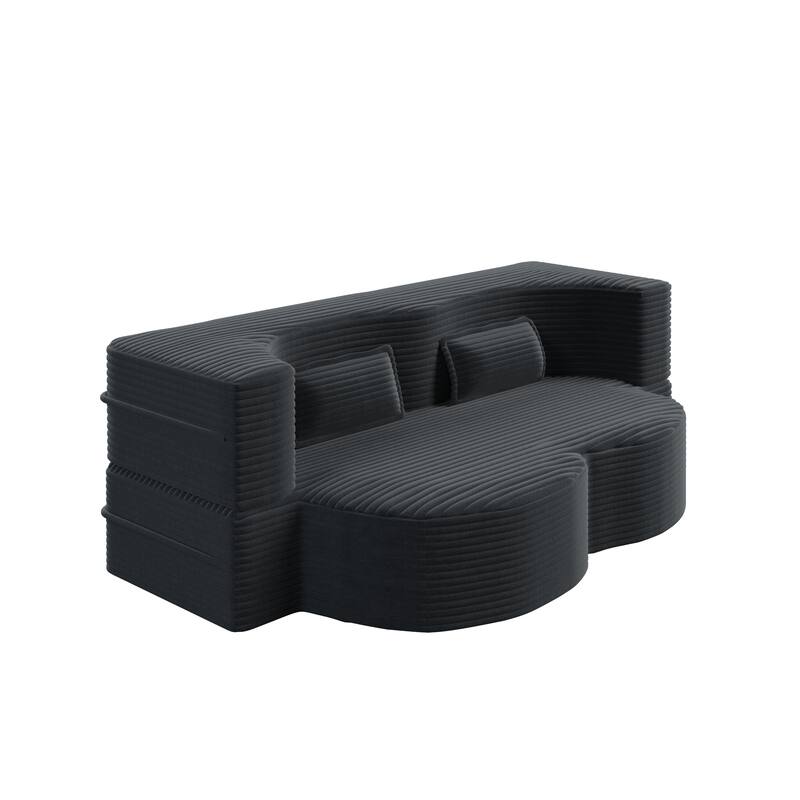 Modern Floor Sofa with 2 Pillows,Convertible Plush Corduroy Foam-Filled Sleeper Sofa Bed,15" Full Size Folding Mattress