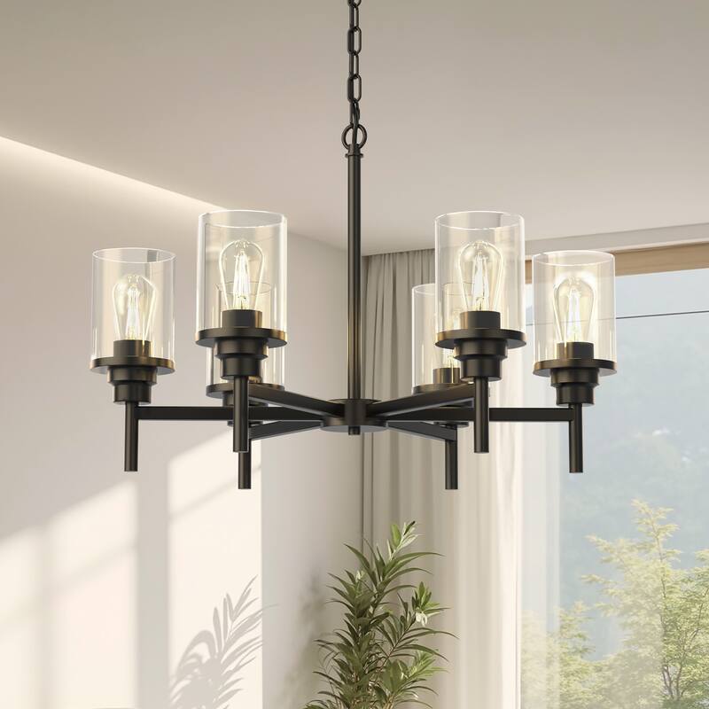 6-Light Matte Black Branch Chandelier, E26 Base, Clear Glass, No Bulbs - Black