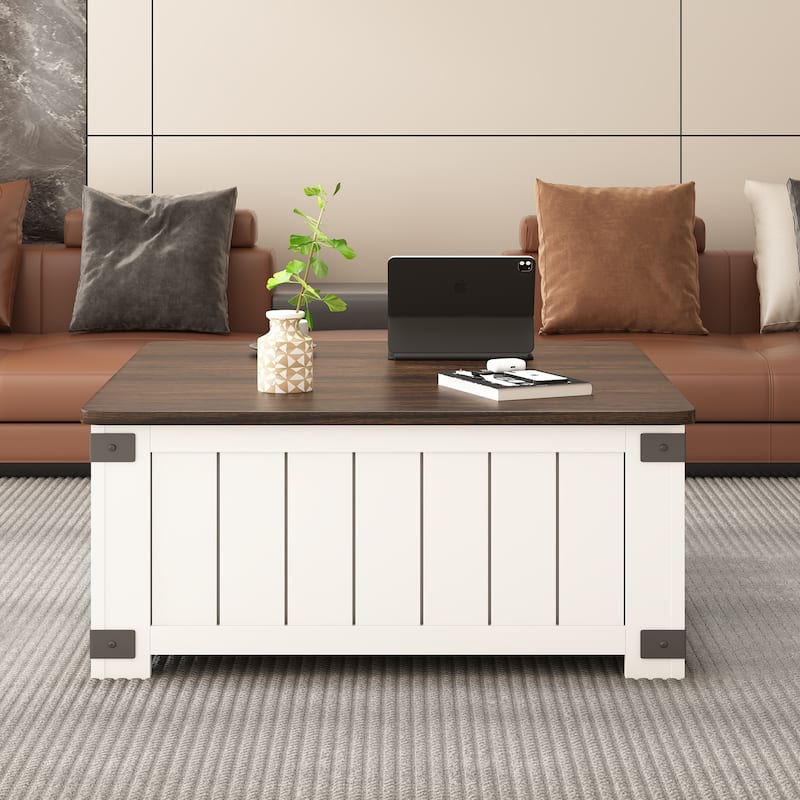 Farmhouse Lift Top Coffee Table with Storage, Wood Square Center Table with Charging Station&USB Ports,Living Room Central Table