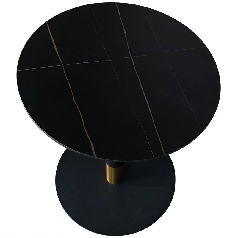 Vail Round Dining Table 27 in. Sintered Stone Tabletop in Black Stainless Steel Round Pedestal Base with Gold Accents
