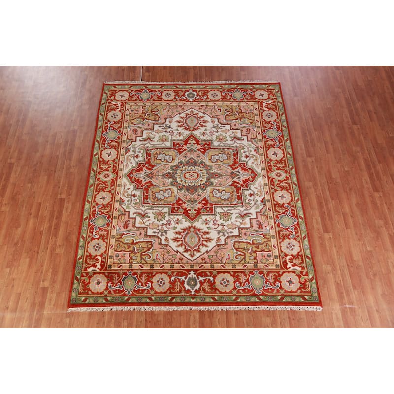 Hand Knotted Oriental 100% Wool Carpet Traditional Medallion Beige & Ivories Heriz (serapi) Area Rug - 9' 11'' X 8' 0''