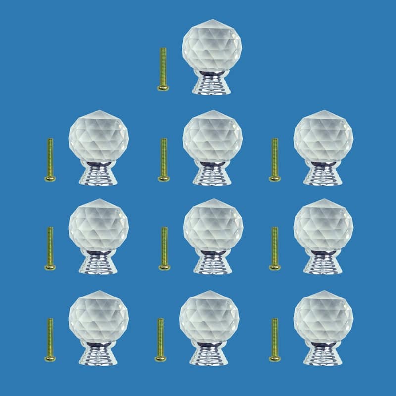 Crystal Glass Round Cabinet Knob Pulls (Set of 10) 1.5" x 1" Chrome Base Dresser Knobs with Mounting Hardware Renovators Supply