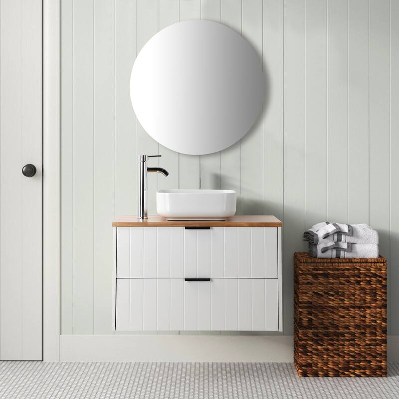 32 Inch White Wall Mount Bathroom Vanity with Double Drawers Solid Wood Top Square Ceramic Sink Modern Minimalist Design" - White+Natural