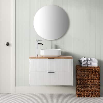 32 Inch White Wall Mount Bathroom Vanity with Double Drawers Solid Wood Top Square Ceramic Sink Modern Minimalist Design"