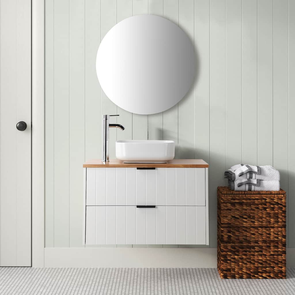 GDFStudio - 32-Inch Wall-Mounted Bathroom Vanity, Solid Wood Natural Top, Square Art Ceramic Sink