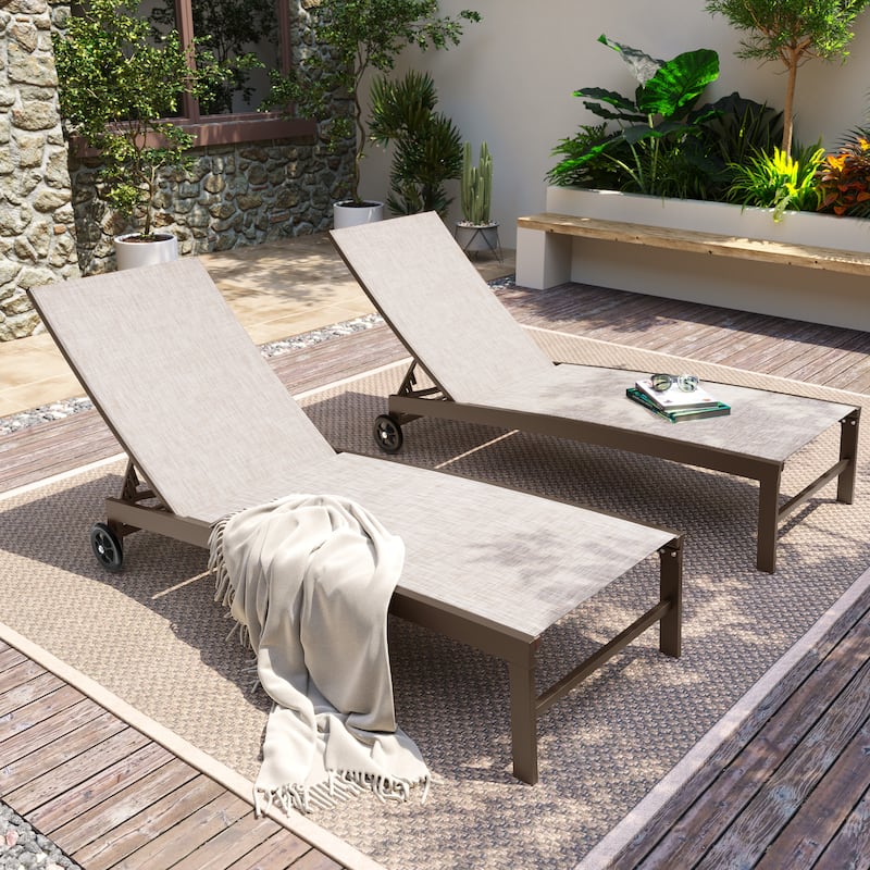 Outdoor Aluminum Adjustable Patio Chaise Lounge Chair Recliner with Wheels - Beige-2PC