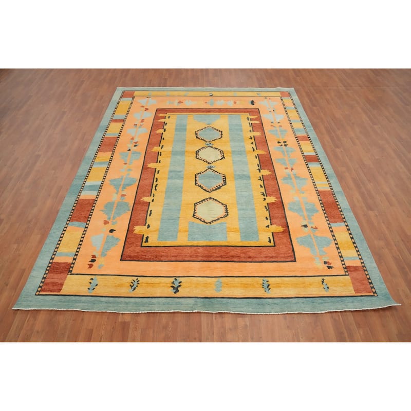 Hand Knotted Oriental 100% Wool Carpet Modern Geometric Oranges & Rust Gabbeh Area Rug - 11' 8'' X 9' 0''