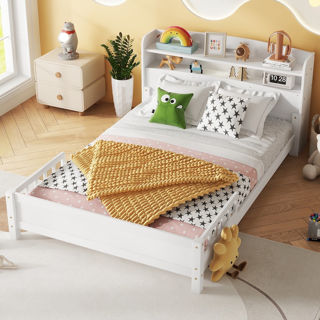 Full Pine Wood Bed with Bookcase Headboard, LED Motion Sensor Light & Bed Guardrails in White