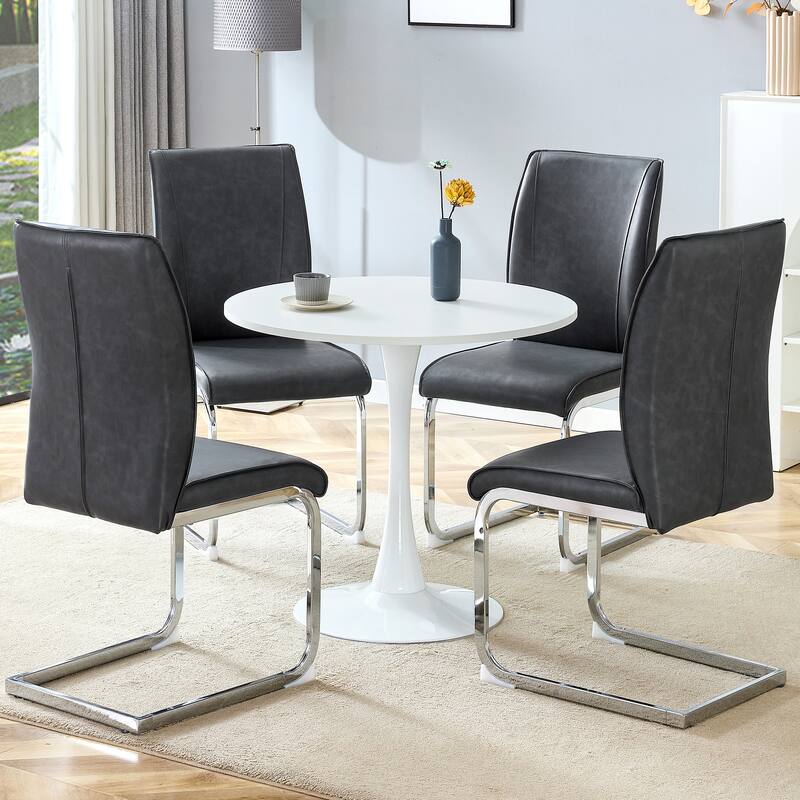 Modern Dining Table Set with Circular White Top, Ergonomic Arched Chairs, Hourglass Metal Legs, Anti-Slip Feet