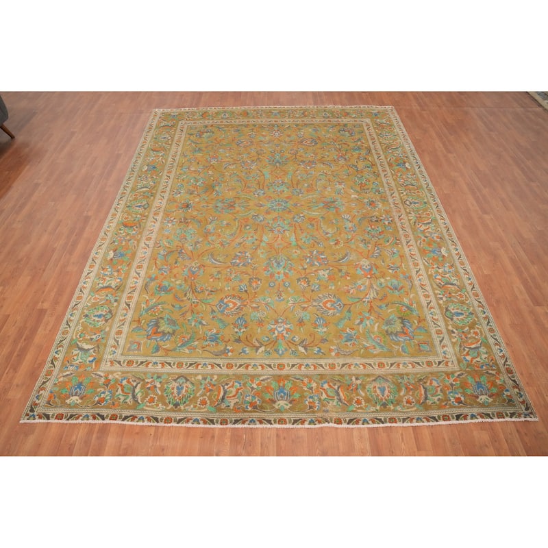 Hand Knotted Oriental 100% Wool Carpet Traditional Floral Yellow & Gold Tabriz Area Rug - 12' 7'' X 9' 7''