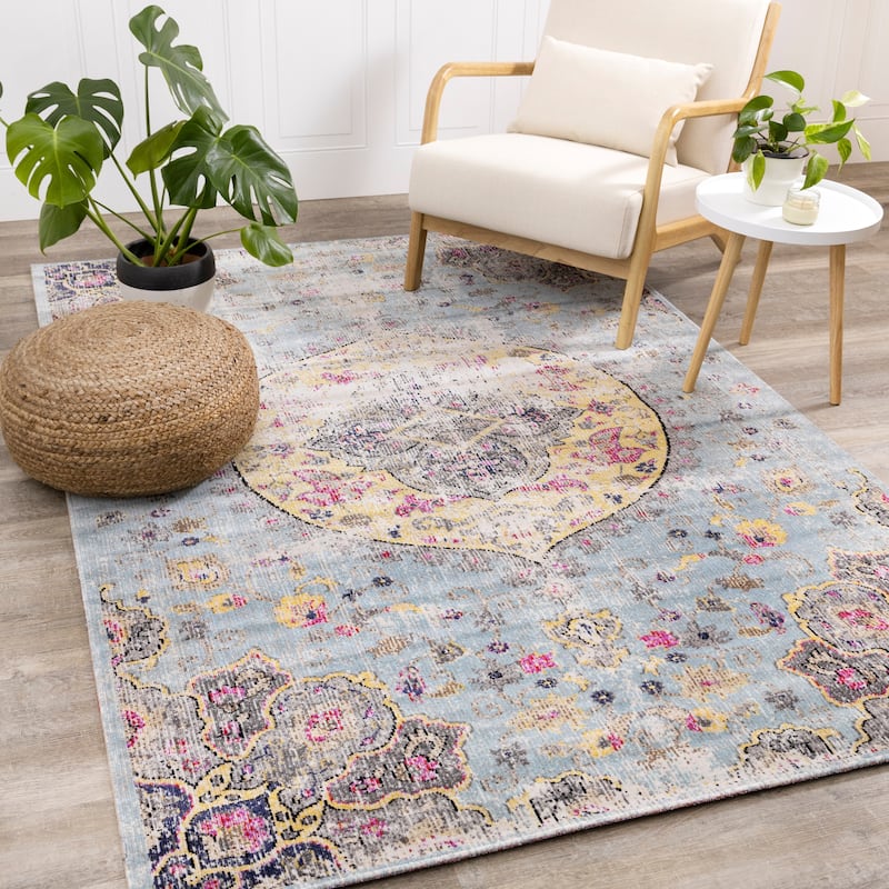 Spring Collection - Blue/Yellow Vintage Medallion Indoor/Outdoor Rug