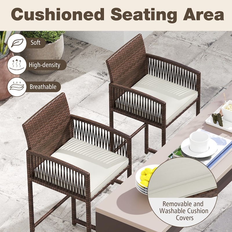 Outdoor Wicker Bar Stools Set of 2 Patio Chairs with Cushions and Footrest - 22" x 20.5" x 44"