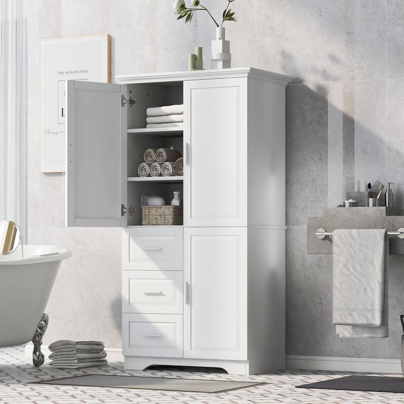 Tall and Wide Storage Cabinet with Doors and Three Drawers - White