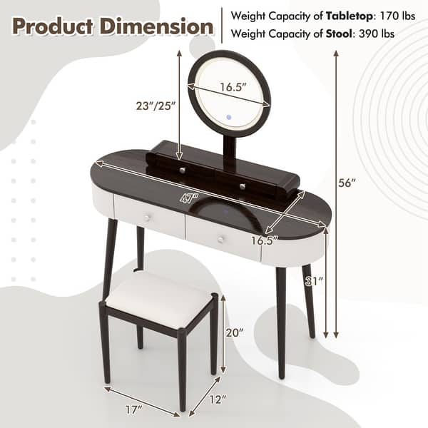 dimension image slide 1 of 4, Costway Solid Wood Makeup Vanity Desk Set with LED Lighted Mirror