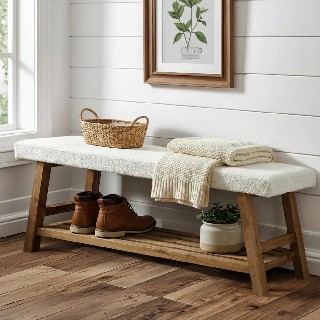 55 Inch Upholstered Entryway Bench with Cushion, Solid Wood Shoe Rack Bench with Shelf for Bedroom, Kitchen, Dining Room