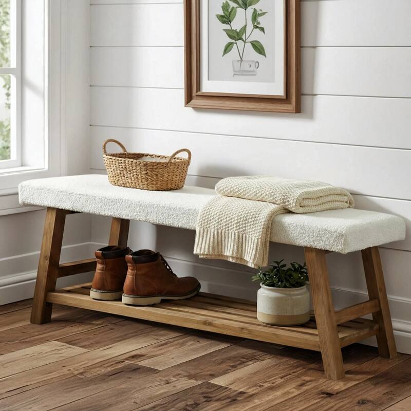 55 Inch Upholstered Entryway Bench with Cushion, Solid Wood Shoe Rack Bench with Shelf for Bedroom, Kitchen, Dining Room - White & Brown