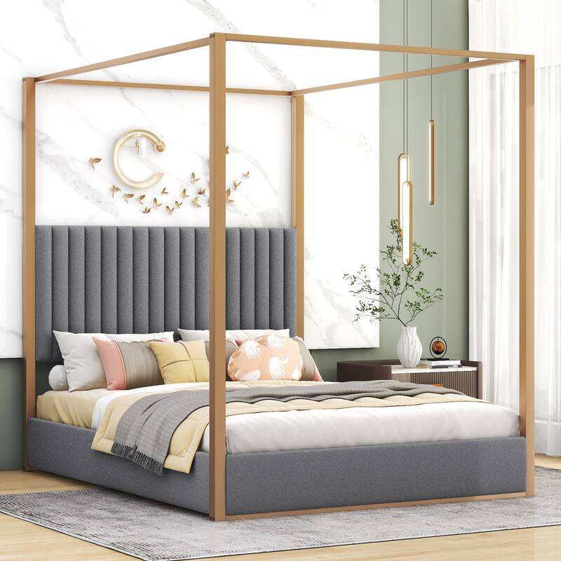 Queen Size Canopy Platform Bed with Upholstered Headboard, Sturdy Metal Frame, and 4-Poster Design, Perfect for Master Bedrooms
