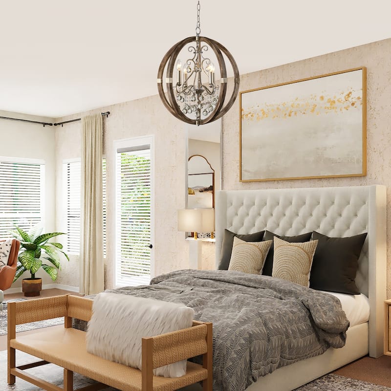 Farmhouse Brown 4-Light Wood Frame Crystal Globe Chandelier - 21.7-in W x 24.7-in H
