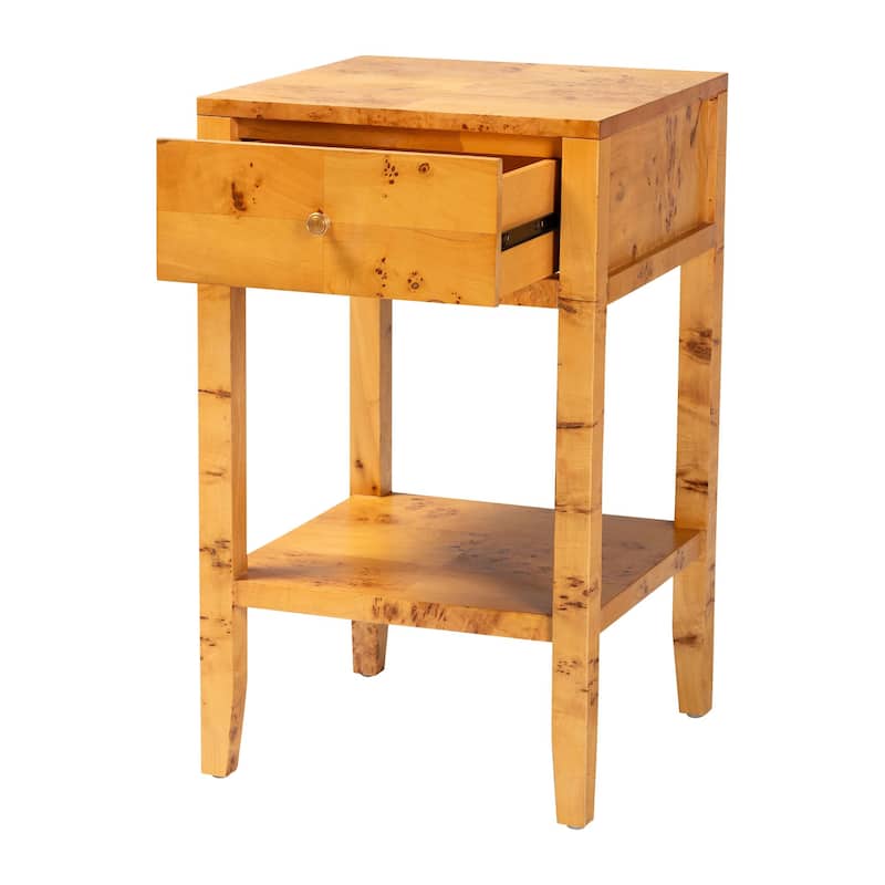 Ghina Modern and Contemporary Natural Light Mappa Real Burl Wood 1-Drawer Nightstand