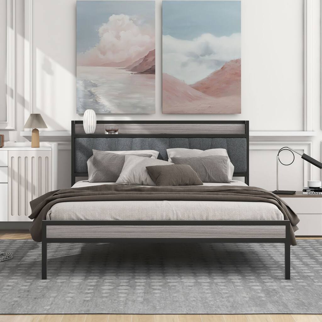 Queen Size Metal Platform Bed Frame with Upholstered headboard ，Sockets, USB Ports and Slat Support ,No Box Spring Needed