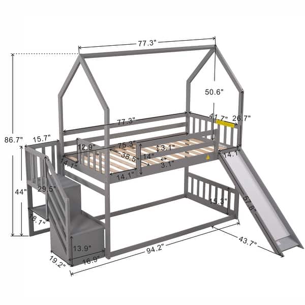 Gray Twin over Twin House Bunk Bed with Convertible Slide, Storage Staircase