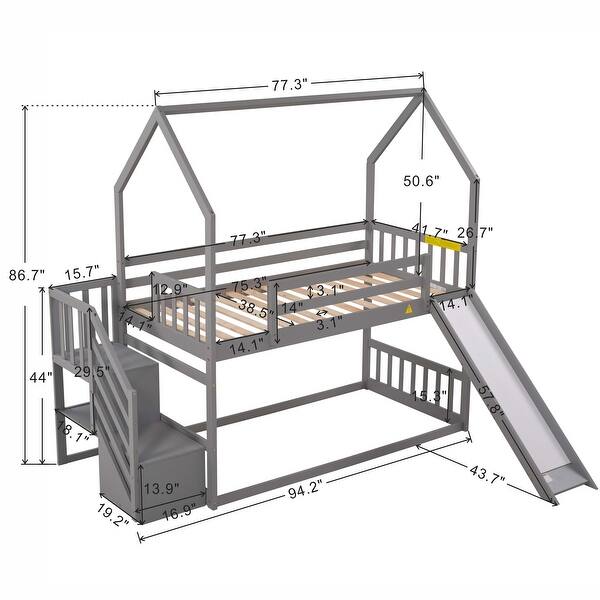 dimension image slide 0 of 2, Twin over Twin House Bunk Bed with Convertible Slide and Storage
