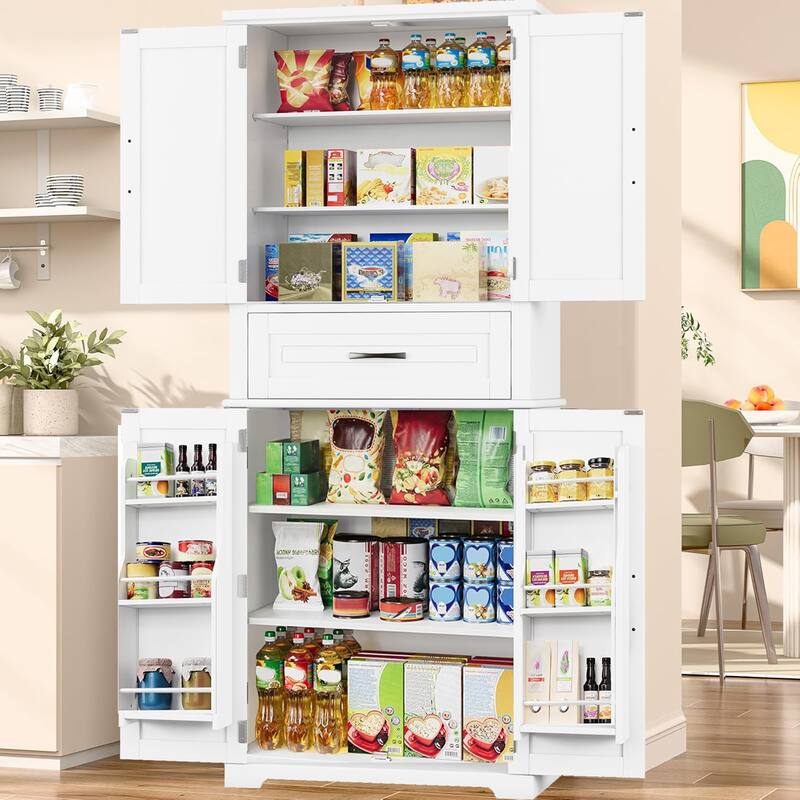 Freestanding Kitchen Pantry Storage Cabinet with Doors and Adjustable Shelf, Tall Storage Cupboard with Large Drawer