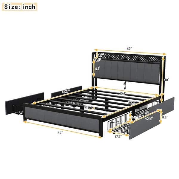 Metal Slat Support Bed Frame Storage Bed with USB Ports-Queen - Bed ...