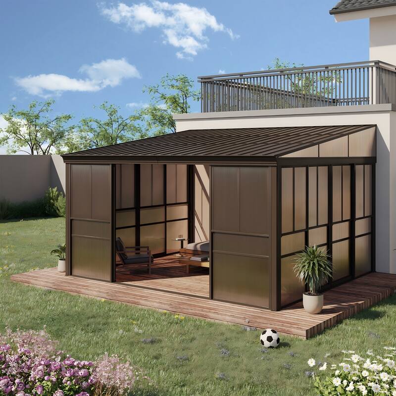 Outdoor Solarium Sunroom,Patio Hardtop Gazebo,All-Season Aluminum Patio Gazebo with with Sliding Doors and Screens