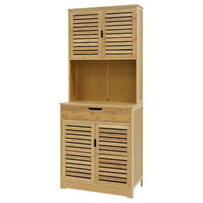 Kitchen Pantry Cabinet Hutch Storage with Microwave Stand, 72'' Bamboo ...