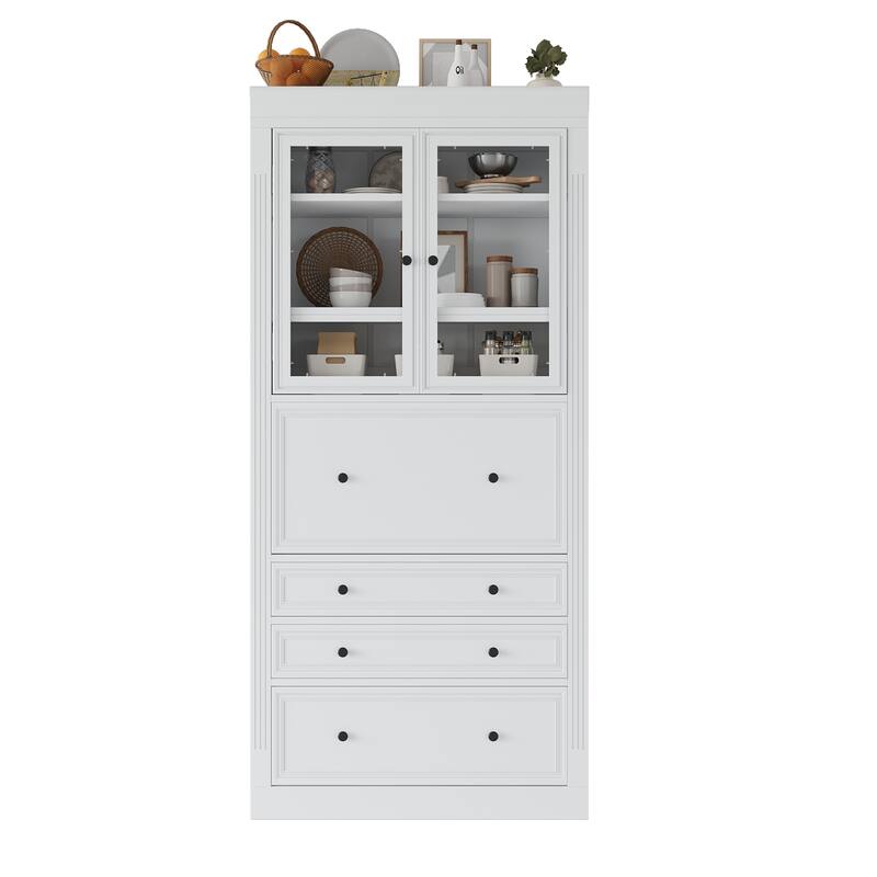 Roomfitters 78 Inch Tall Kitchen Pantry Storage Cabinet with Power Outlet and Drop-Down Surface