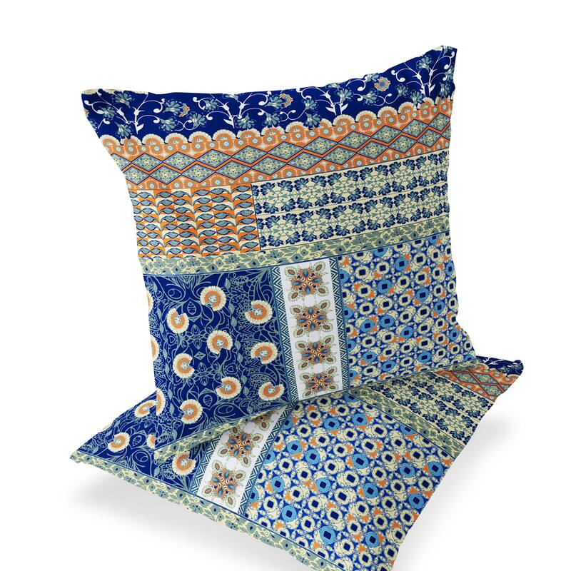 HomeRoots Set of Two 16" X 16" Blue and Orange Blown Seam Floral Indoor Outdoor Throw Pillow - 16.00' X '16.00' X '5.00