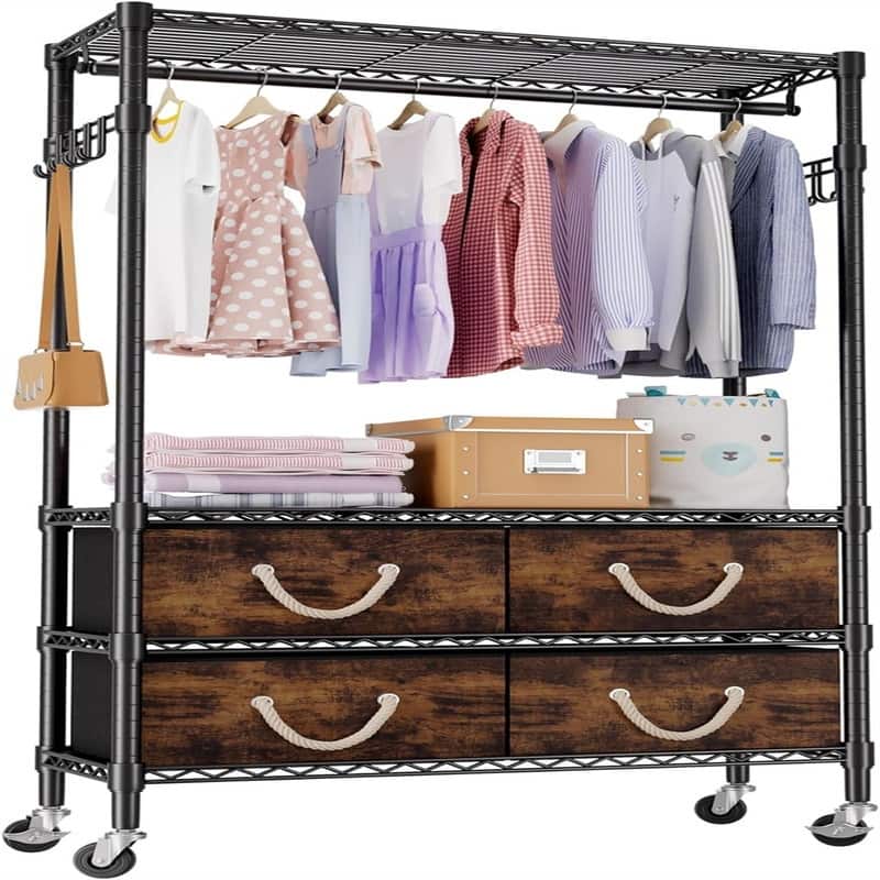 Rolling Clothes Rack with Shelves - 35.4"D x 16.1"W x 76"H - Black - 35.4"D x 16.1"W x 76"H