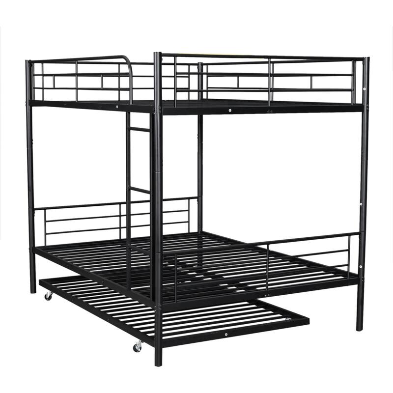 Metal Bunk Bed with Trundle and Guardrail, Convertible to Two Beds
