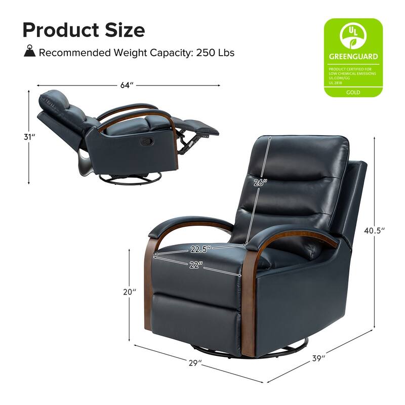 Leopold Modern Genuine Leather Swivel Rocking Manual Recliner Chair with Wooden Arm Accents by HULALA HOME