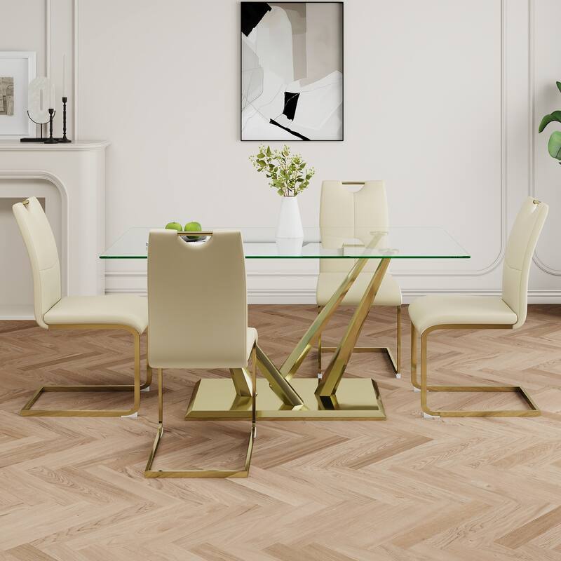 5-Piece Rectangular Dining Table Set for 4 Modern 63" Tempered Glass Kitchen Table with 4 Chairs, Luxury Dining Room Table Set
