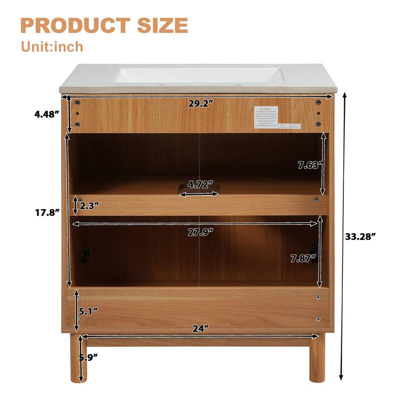 29.9" Traditional Bathroom Vanity with Ceramic Sink, Solid Wood Legs, Soft-Close Doors & Adjustable U-Shaped Shelf