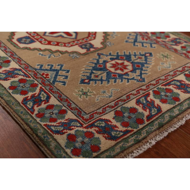 Brown Geometric Kazak Foyer Rug Hand-Knotted Wool Carpet - 2'7"x 4'0"