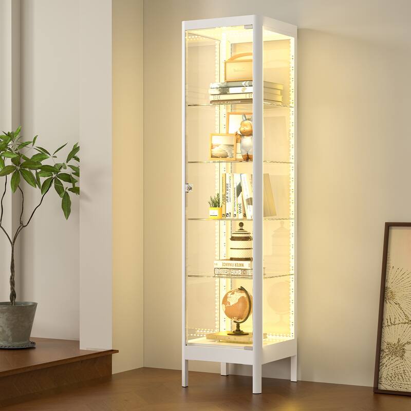 5-Tier Tempered Glass Curio Display Cabinet with Adjustable Shelves - 63"H x 15.4"W x 15.8"D - White